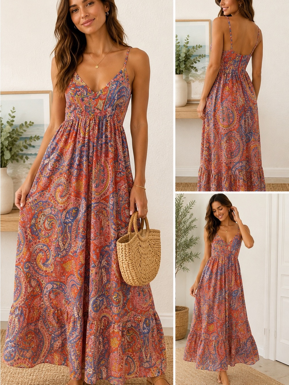 Molly Bracken Paisley Boho Maxi Dress Open Back Slip Dress Small